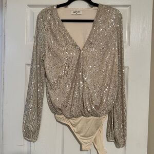 The Post Beige Sequin Bodysuit